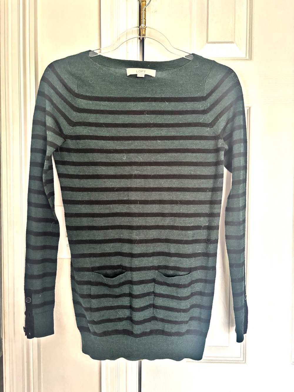 LOFT Green & Black Striped Boatneck Sweater